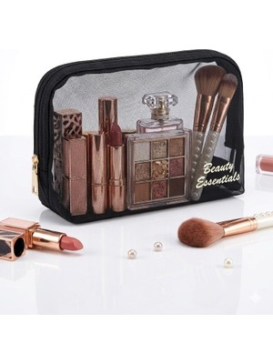 Beauty Essentials Şeffaf File Makyaj Çantası - Siyah Transparan Kozmetik Düzenleyici ve Seyahat