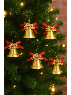 9 Adet Lüx Kırmızı Kurdelalı Yılbaşı Merry Christmas Çan Süs 5cm Yılbaşı Ağacı Süsle