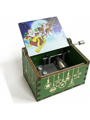 Ahşap Yılbaşı Müzik Kutusu, Merry Christmas Şarkısı Çalan, Çevirmeli Mekanizma, Noel Baba