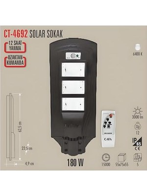 Cata CT-4692 Solar Güneş Enerjili Uzaktan Kumandalı Bahçe Sokak Aydınlatma Lambası 6400K (180W