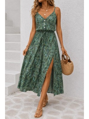 Defy Moda Kadın Ip Askılı V Yakalı Düğmeli Desenli Uzun Süprem Elbise