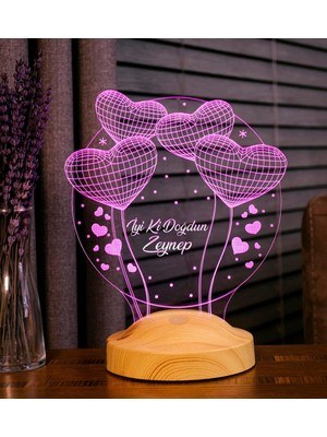 Günü Hediyesi Sevgiliye Arkadaşa Doğum Günü Hediyesi Balon Kalpler Kişiye Özel 3D LED Lamba