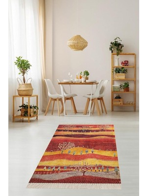 Pelangi Ağaç Desenli Dijital Baskı Yıkanabilir Kaymaz Taban Etnik Kilim Desen Salon Halısı ve