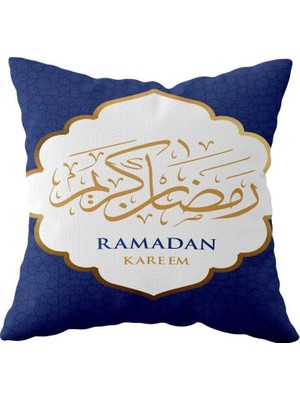 Mey İthalat Pelangi Ramadan Kareem Düz Çift Taraflı Gizli Fermuarlı Yastık Kılıfı Kırlent Koltuk Yastık Kılıfı, Lacivert-Gold-Beyaz 43 x 43
