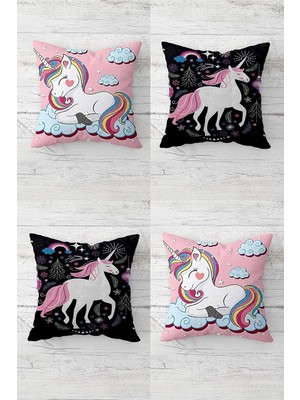 Mey İthalat Pelangi Sevimli Unicorn Desenler Gizli Fermuarlı Kırlent Kılıfı Koltuk Yastık Kılıfı TAKIM(4ADET), Pembe-Siyah 45 x 45