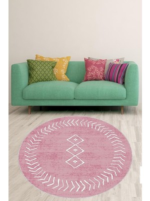 Mey İthalat Pelangi Beyaz Geometrik Çizgiler Desenli Bohem Dijital Baskı Yıkanabilir Kaymaz Taban Yuvarlak Salon Halısı, Pembe-Beyaz 100 x 100, 9998002010010005