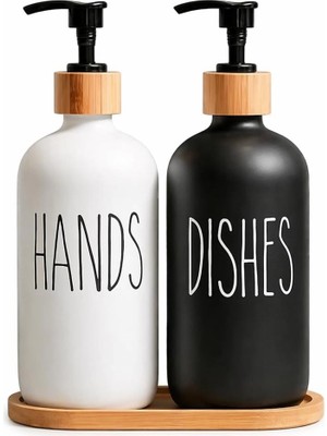 2'li Hands Dishes Siyah Beyaz Cam Sıvı Sabunluk Seti 500 Ml, Bambu Standlı Dekoratif Mutfak &amp;