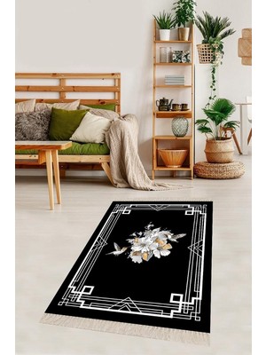 Mey İthalat Pelangi Siyah Çiçek Desenli Dijital Baskı Yıkanabilir Kaymaz Taban Modern Salon Halısı, Siyah 120 x 200