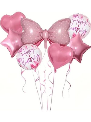 7 Adet Pembe Kurdele Temelli Doğum Günü Balon Seti