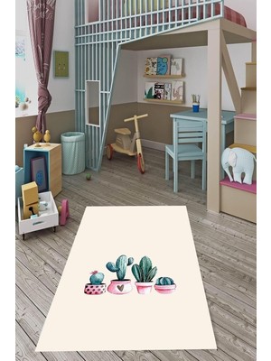 Mey İthalat Pelangi Bej Kaktüs Saksı Desenli Halı, Bej 80 x 300