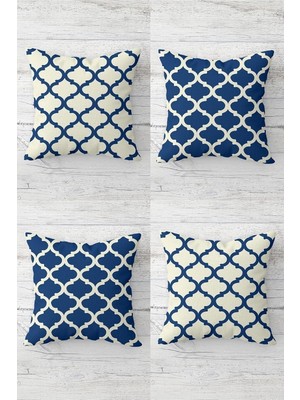 Mey İthalat Pelangi Geometrik Ogea Desenli Gizli Fermuarlı Kırlent Kılıfı Koltuk Yastık Kılıfı TAKIM(4ADET), Indigo-Bej 45 x 45