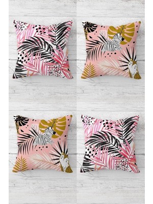 Mey İthalat Pelangi Zebra ve Tropikal Yaprak Desenli Gizli Fermuarlı Kırlent Kılıfı Koltuk Yastık Kılıfı TAKIM(4ADET), Pembe 45 x 45