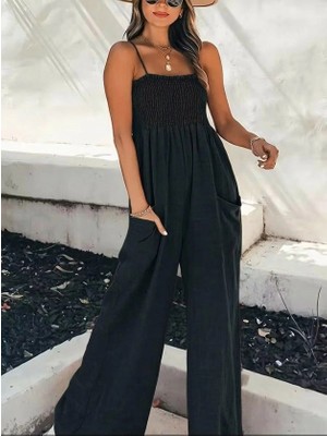 Defy Moda Kadın Ip Askılı Göğsü Lastik Detaylı Cepli Uzun Sofya Tulum