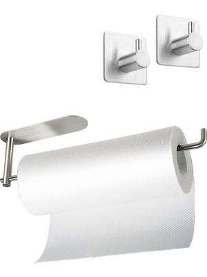 Mey İthalat Deltahome Paslanmaz Çelik Yapışkanlı Kağıt Havluluk ve 2 Adet Banyo Askısı Set - Inox - Anında Kolay Montaj