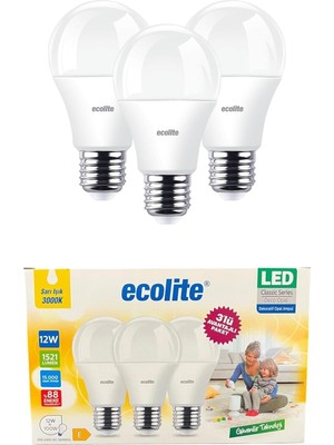 Ecolite 12W LED Ampul 3'lü Paket – 1521 Lümen, 100W Eşdeğer, E27 Duy, 3000K Sarı Işık, Opal