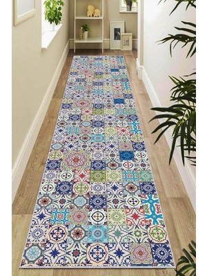 Rugviva Kaymaz Taban Makinede Yıkanabilir Renkli Çini Kesme Rulo Yolluk AR499, Turkuaz, 60 x 200