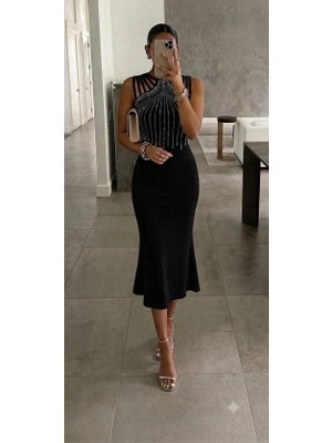 Defy Moda Kadın Kolsuz Omuzlardan Taş Şerit Detaylı Midi Janjan Krep Elbise