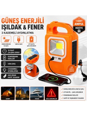 Powermaster Solar Işıldak Fener Güneş Enerjili ve USB Şarj Lamba Kamp Güç Kaynağı Ampul Hediyeli