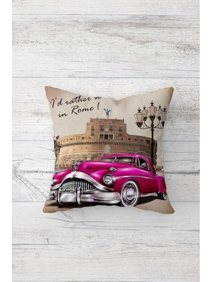 Mey İthalat Pelangi Fuşya Nostaljik Arabalı Roma Çift Taraflı Gizli Fermuarlı Dekoratif Kırlent Koltuk Yastık Kılıfı, Çok Renkli 45 x 45, 2469101145451
