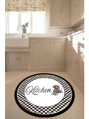 Mey İthalat Pelangi Kitchen Yazılı Çaydanlık Desenli Dijital Baskı Yıkanabilir Kaymaz Taban Yuvarlak Mutfak Halısı, Kahverengi 160 x 160