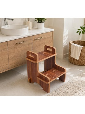 Rozitoys Ahşap Montessori Kaymaz Basamak Tabure – Banyo ve Lavabo Yükseltici Merdiven, 36X36X40