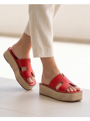 Futsi Shoes Lagoon Kırmızı Hakiki Deri Hasır Tabanlı Platform Kadın Terlik