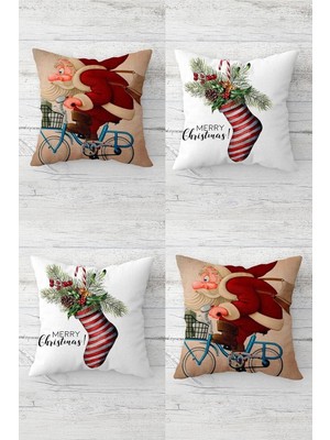 Mey İthalat Pelangi Noel Baba Yılbaşı Hediye Çorabı Gizli Fermuarlı Kırlent Kılıfı Koltuk Yastık Kılıfı TAKIM(4ADET), Bej-Kırmızı-Beyaz 45 x 45