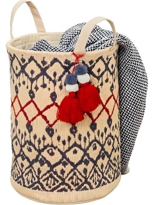 Mey İthalat Kilim Desenli Yuvarlak Sepet El ve Plaj Çantası – 37X30 Cm, Çok Amaçlı Dekoratif Organizer, Saklama ve Taşıma Çantası, Estetik ve Dayanıklı Tasarım