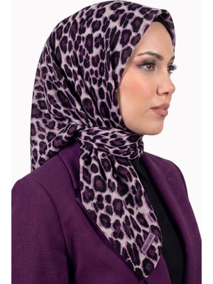 Hadiora Kadın Mor Leopar Desenli Pamuklu Dikişli Yazma