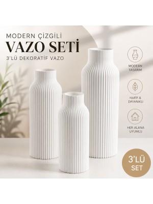 Modern Çizgili Dekoratif Vazo Seti 3'lü – Minimalist 3D Baskı Tasarım Ev Dekoru