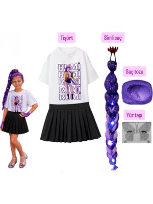 Bemora Kids Kpop Rumi Baskılı Huntrix Iblis Avcıları Baskılı Tişört + Etek +Rumi Mor Simli Saç +Yüz Taşı+Saç Tozu Set Parti Doğum Günü