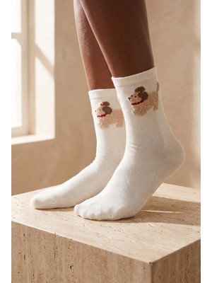 Bony Socks Kadın Köpekli Pamuklu Soket Çorap Ekru