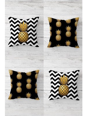Mey İthalat Pelangi Ananas ve Tropikal Meyve Desenli Gizli Fermuarlı Kırlent Kılıfı Koltuk Yastık Kılıfı TAKIM(4ADET), Gold-Siyah Beyaz 45 x 45