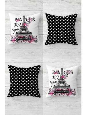 Mey İthalat Pelangi Paris Eyfel Kulesi Puantiye Desen Gizli Fermuarlı Kırlent Kılıfı Koltuk Yastık Kılıfı TAKIM(4ADET), Siyah-Pembe-Beyaz 45 x 45