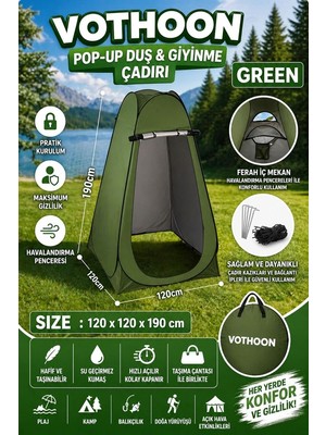 Mudanis Otomatik Kabin Giyinme Çadırı 120X120X190 cm Üst Havalandırma Yan Pencereli Duş & Wc Çadırı