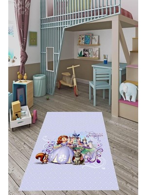 Mey İthalat Pelangi Princess Prenses Desen Dijital Baskı Yıkanabilir Kaymaz Taban Çocuk Odası Halısı, Gri 100 x 150
