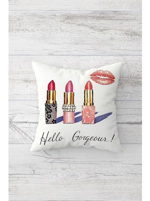 Mey İthalat Pelangi Hello Yazılı Ruj Figürlü Çift Tarafı Baskılı Gizli Fermuarlı Dekoratif Yastık Kılıfı Kırlent Kılıfı, Pembe-Lilabeyaz 43 x 43