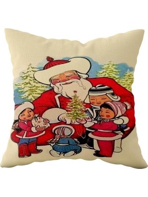 Mey İthalat Pelangi Noel Baba Desenli Çift Taraflı Gizli Fermuarlı Yastık Kılıfı Kırlent Koltuk Yastık Kılıfı, Bej 43 x 43