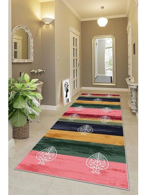 Mey İthalat Pelangi Renk Bloklu Yaprak Desenli Dijital Baskı Yıkanabilir Etnik Salon Halı ve Yolluk, Karışık Renkli 100 x 300, 95555591003007