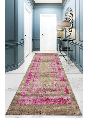 Mey İthalat Pelangi Eskitme Model Fuşya Çerçeveli Dijital Baskı Yıkanabilir Kaymaz Taban Salon Halısı ve Yolluk, Fuşya-Bej 100 x 150, 9555688111001507