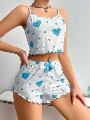 Bezos Kadın Beyaz Mavi Kalp Desenli Askılı Şortlu Pijama Takım 5043