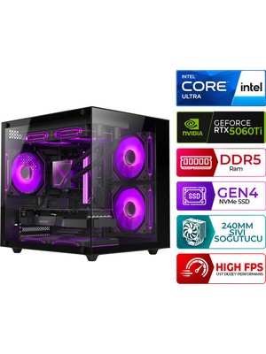 Xaser Kratos X70 Intel Ultra 5 225F 16GB Ddr5 Ram 512GB M.2 Nvme SSD 8gb RTX5060TI Sıvı Soğutmalı Masaüstü Oyuncu Bilgisayarı