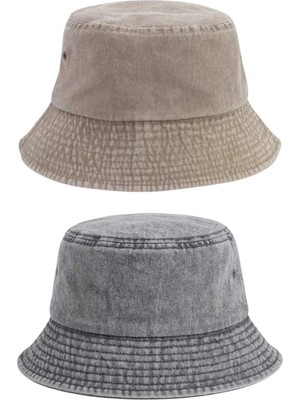 Uniquetrenders Unisex Eskitme Vintage %100 Pamuklu Bucket Kova Şapka 2'li Set