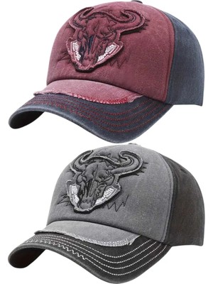 Uniquetrenders Unisex Eskitme Boğa Nakışlı Ayarlanabilir Beyzbol Kep Şapkası 2'li Set