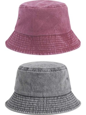 Uniquetrenders Unisex Eskitme Vintage %100 Pamuklu Bucket Kova Şapka 2'li Set