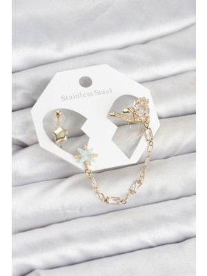 Bezos Yıldız Model Pirinç Gold Renk Zincir Bağlantılı Ear Cuff Küpe Seti