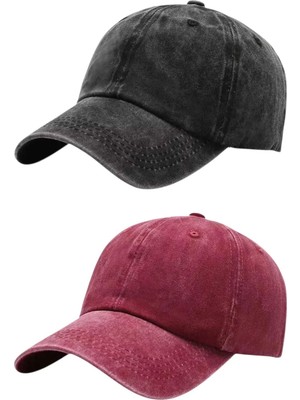 Uniquetrenders Unisex Eskitme Vintage %100 Pamuklu Ayarlanabilir Beyzbol Kep Şapka 2'li Set