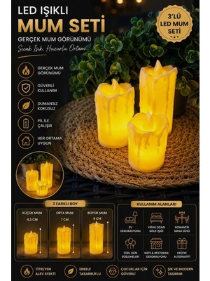 Nisibis Home 3'lü Krem Erimiş Görünümlü LED Mum Pilli 122 gr Dekoratif Özellikli
