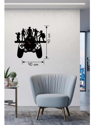 Bezos Gamer Oyun Odası Dekoratif Duvar Saati - 40X40 cm Lazer Kesim Ahşap Joystick ve Oyun Karakterli Saat
