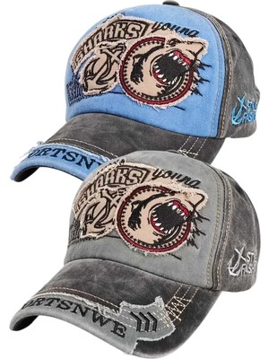 Uniquetrenders Unisex Eskitme Sharks Nakışlı Ayarlanabilir Beyzbol Kep Şapka 2'li Set